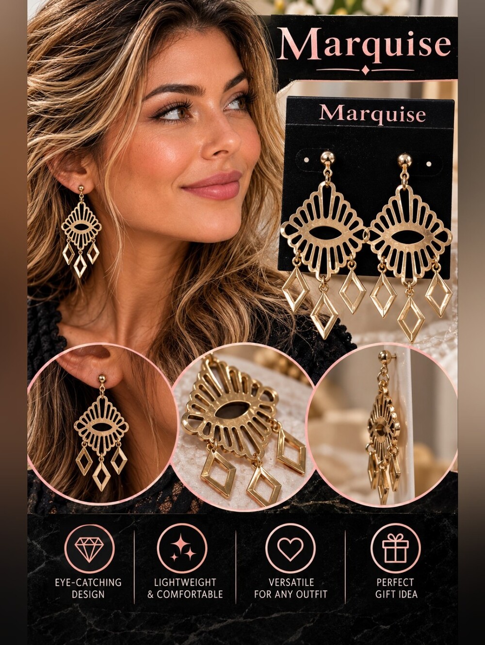 Marquise Gold Openwork Dangle Earrings with Geometric Drops